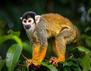 Obraz premium A small, golden-furred monkey perches on a branch, amidst lush green foliage