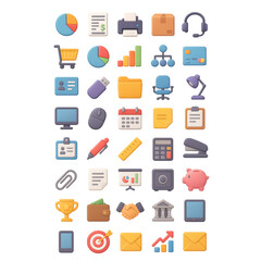 Assortment of 3D Business and Office Icons on Black Background Keywords: business icons, office icons, finance icons, technology icons, education icons, people icons, transparency background