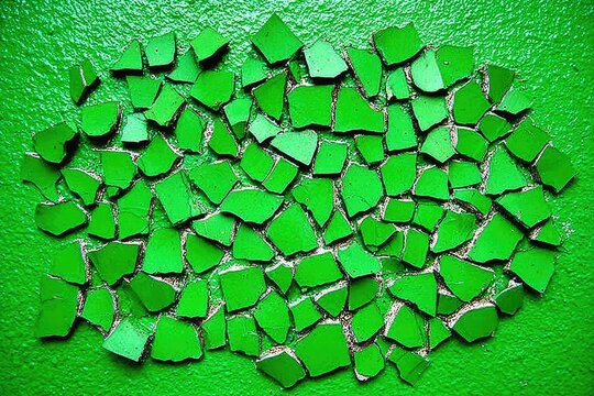 Broken green mosaic tiles on a green surface