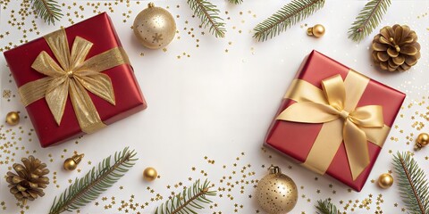 Two red gifts tied with golden ribbons are centered on a white backdrop with festive decorations for a joyful, luxurious holiday mood.