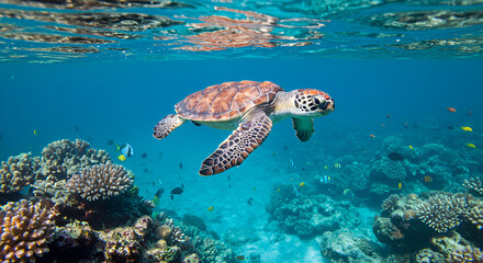 Fototapeta premium Sea turtle swimming over coral reef with colorful tropical fish in clear blue ocean.