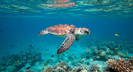 Obraz premium Sea turtle swimming over coral reef with colorful tropical fish in clear blue ocean.