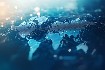 A digital world map with global network connections, various business and corporate branded images across multiple countries. 