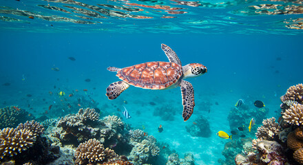 Fototapeta premium Sea turtle swimming over coral reef with colorful tropical fish in clear blue ocean.