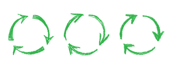 Set of hand drawn recycle arrow icon Recycling resources symbol Reuse of materials, zero waste, green environment, saving the planet