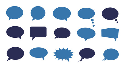 Collection of various blue speech bubbles and conversation icons on white background