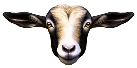 Close-up portrait of a young goat's face with large ears and yellow eyes