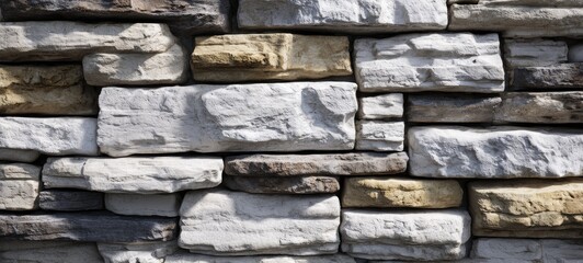Naklejka premium Close-up view of a stone wall, composed of various shades of beige, gray, and white rectangular stones