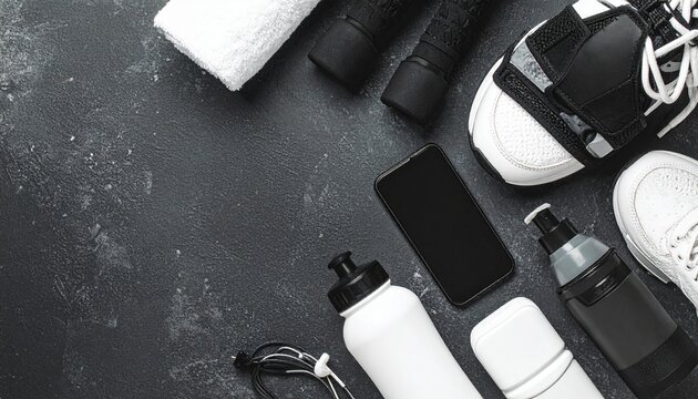 Monochrome Workout Gear and Tech Flat Lay on a Dark Textured Concrete Background - Powered by Adobe