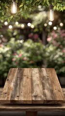 Rustic Wooden Table Top Display With Garden Background