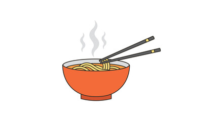 A steaming bowl of noodles with chopsticks on a plain background
