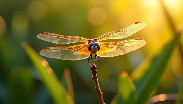 Close-up of a dragonfly perched on a branch, backlit by golden sunlight