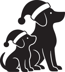Dog and puppy wearing santa hats in flat black silhouette vector illustration for christmas holiday art
