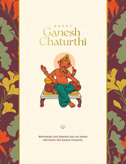 Ganesh Chaturthi Invitation card design template with lord Ganesha vector illustration and floral background
