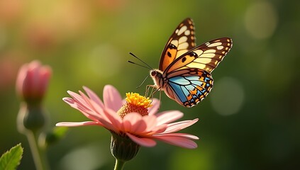 Fototapeta premium Butterfly gracefully perched on a vibrant pink flower, surrounded by soft bokeh