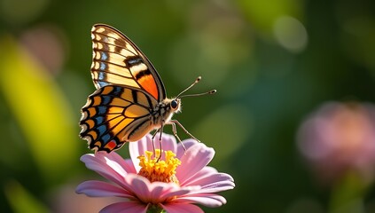 Naklejka premium Butterfly perched on a pink flower, captured in natural light with vibrant colors.