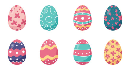 Colorful Easter eggs with various patterns and designs on white background