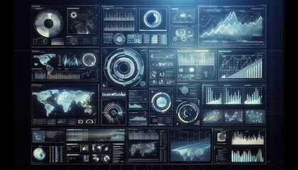 Futuristic Data Visualization Interface with Complex Charts and World Maps for Business Analysis and Technology Innovation showcasing data analytics and global connectivity with a modern aesthetic