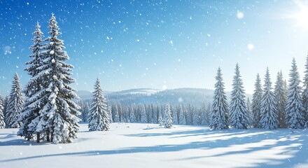 Fototapeta premium Snowy pine trees in a winter forest under a blue sky