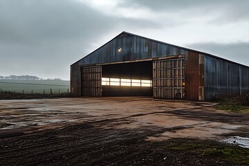 An industrial hangar warehouse in the countryside of Shropshire, with large double doors on one side and a slightly sloping roof.