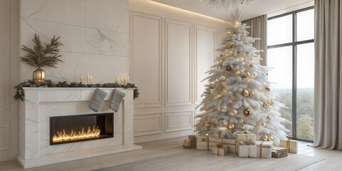 Cozy Christmas scene featuring a white tree adorned with gold ornaments, gifts underneath, and a fireplace with stockings, evoking warmth and holiday cheer.
