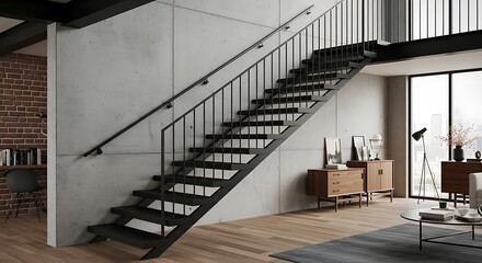 Obraz premium Contemporary interior design featuring a striking staircase and minimalist decor