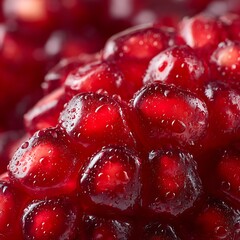 **Extreme Macro Close-Up Of Fresh Pomegranate Seed Cluster, Showing Juicy Translucent Red Arils Packed Tightly Together, Tiny Water Droplets Adding Freshness, Sharp Focus On The Surface Texture With S