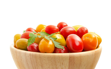 Fresh Cherry tomato, Various colorful tomatoes in a wooden bowl isolated on white background, with clipping path 