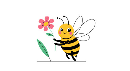 Obraz premium Cute cartoon bee holding a pink flower in a garden illustration
