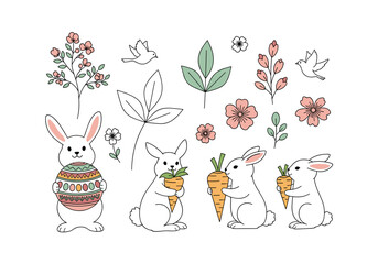 Fototapeta premium Cute easter bunny illustrations with flowers and carrots for spring celebration