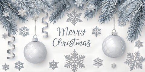 Elegant silver Christmas ornaments and snowflakes create a serene holiday scene on a bright white background, capturing the joy and peace of the season.