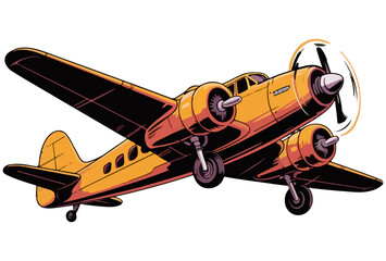 Old Airplane Drawing Illustration, Isolated retro yellow biplane with a propeller flying in the sky, airplane, plane, aircraft, propeller, vintage, biplane, aviation, retro, flight, fly, wing. © Pushpa