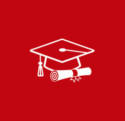 An icon of an elaborate academic cap and gown, with a rolled-up diploma beside it, simple shapes, flat design, white redground, vector art