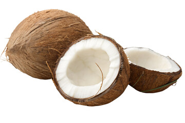 Coconut with half and green palm leaves isolated on white background