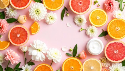 Summer Skincare Routine Citrus & Flowers Flatlay