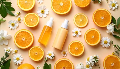 Top view flat lay of natural skincare cosmetic bottles surrounded by fresh citrus orange slices and delicate chamomile flowers on a pastel background.