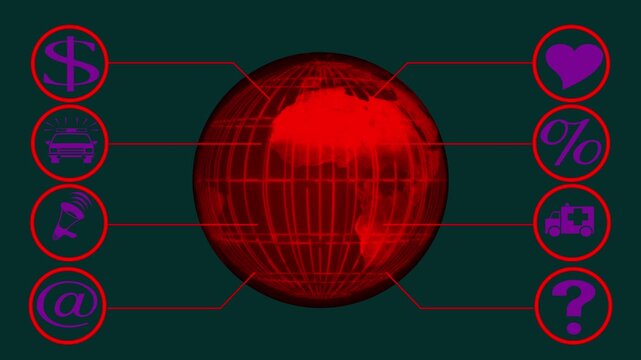 Digital twin industrial technology ,new business concept ,tee icon attached around the map features the concept of network and technology confirmed. the map is rotating ,specify all icons