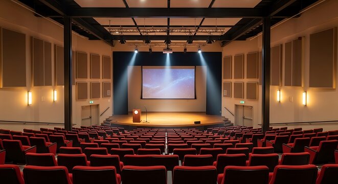 Interior of modern auditorium with stage presentation and red plush seating