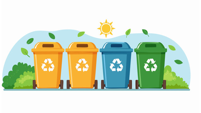 Eco-friendly lifestyle illustration showing people recycling waste, using green bins, and promoting environmental sustainability through proper garbage disposal