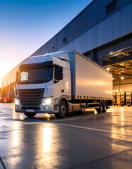 Semi truck at warehouse at dawn