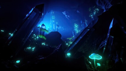 Enchanted Cave: Glowing Mushrooms and Crystalline Formations in a Blue Hued Grotto