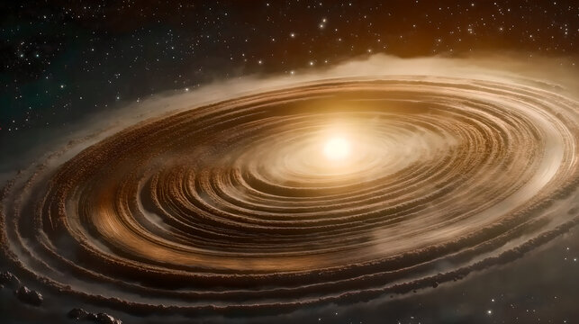 Protoplanetary disk with glowing organic molecules resembling cosmic constellations.