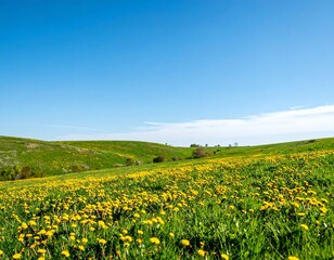 Rolling hills blanketed in a vibrant field of yellow wildflowers under a clear blue sky