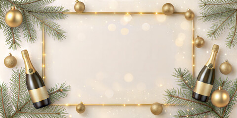 Festive New Years scene featuring champagne, golden ornaments, and pine branches. It evokes celebration and warmth with a soft, dreamy bokeh background.