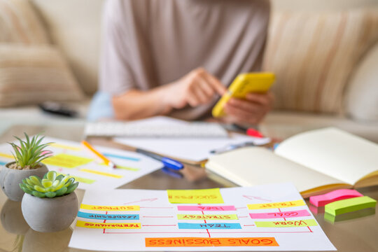 Businesswoman using smartphone is sitting on sofa, working from home and planning business goals using colorful sticky notes and mind map for startup project strategy
