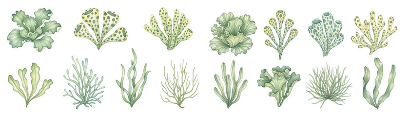 Obraz premium A vibrant collection of hand-drawn seaweed illustrations in various shapes and colors.
