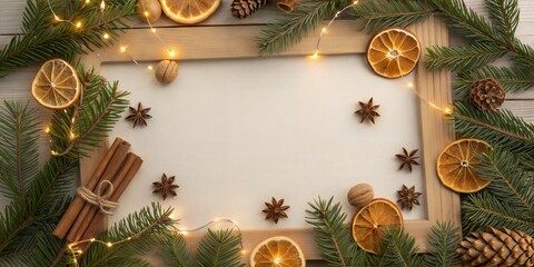 Holiday frame with cinnamon, orange slices, and pine. The warm light creates a cozy atmosphere with a rustic wooden frame for a welcoming feel.