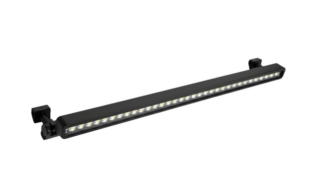 Black LED light bar shines against stark backdrop. Use for product photography, digital displays, or stage lighting.