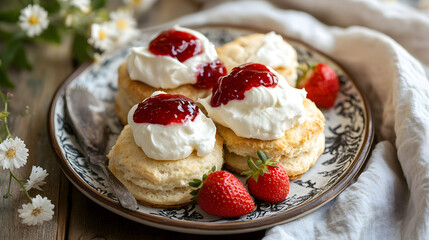 Freshly Baked Scones Topped with Cream and Jam, Garnished with Strawberries