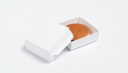 Blank white cardboard burger box with a hamburger inside, a realistic food packaging mockup.